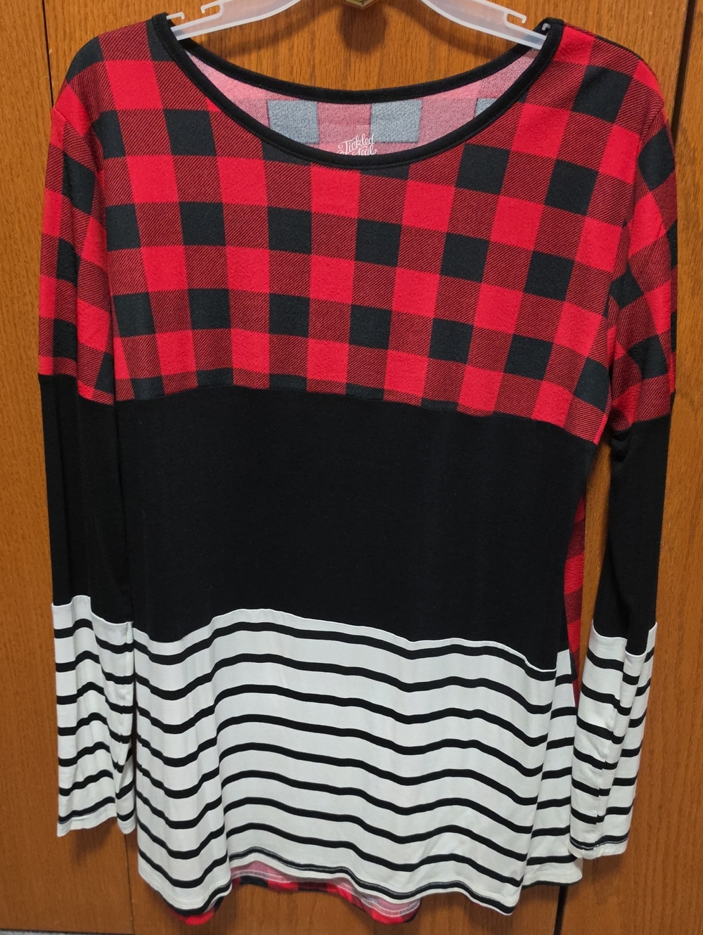 Red & Black Buffalo Plaid Long Sleeve Top with Stripes